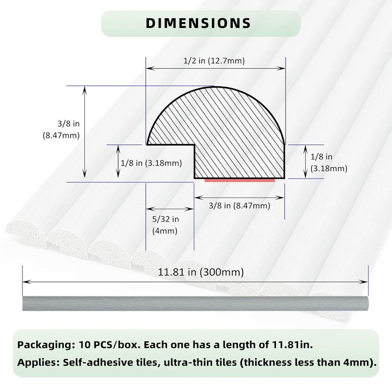 Tilingview 10-Pcs Peel and Stick Tile Edge Trim, 12in Self-Adhesive Tile Edging Decorative Pencil Tile, PVC Molding Tile Trim for Backsplash (Grey) - Image 5